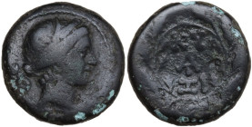 Greek Asia. Mysia, Kyzikos. AE 18 mm, 2nd-1st century BC. Obv. Head of Persephone right. Rev. Ethnic and monogram within laurel wreath; below, monogra...