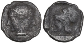 Greek Asia. Mysia, Lampsakos. AR Obol, c. 500-450 BC. Obv. Female janiform head. Rev. Helmeted head of Athena left within incuse square. SNG BN 1128-3...