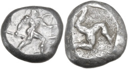 Greek Asia. Pamphylia, Aspendos. AR Stater, c. 465-430 BC. Obv. Hoplite advancing right, holding spear and shield. Rev. Triskeles running right within...