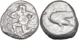 Greek Asia. Cilicia, Mallos. AR Stater, c. 440-390 BC. Obv. Winged male figure running left, holding solar disk with both hands. Rev. MAP. Swan standi...
