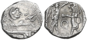 Greek Asia. Samaria. AR Obol, 4th century BC. Obv. Galley; above, letter. Rev. Persian king fighting lion; between, O. cf. Meshorer & Qedar 199; HGC 1...