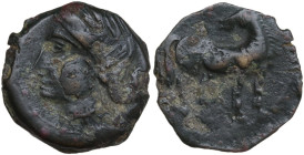 Africa. Zeugitania, Carthage. AE 19 mm, late 3rd-early 2nd century BC. Obv. Head of Tanit left, wearing wreath of grain. Rev. Horse standing right, he...