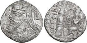 Greek Asia. Kings of Parthia. Vologases IV (147-191). AR Tetradrachm, Seleukeia mint. Obv. Draped and crowned bust left; behind, B. Rev. King seated l...