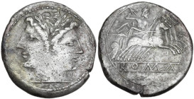 Anonymous. AR Debased quadrigatus (Didrachm), uncertain Campanian or Apulian mints, 216-215 BC. Obv. Laureate Janiform head of Dioscuri. Rev. Jupiter ...