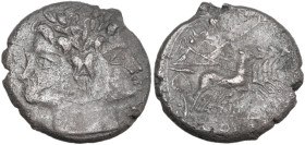 Anonymous. AR Debased quadrigatus (Didrachm), uncertain Campanian or Apulian mints, 216-215 BC. Obv. Laureate Janiform head of Dioscuri. Rev. Jupiter ...