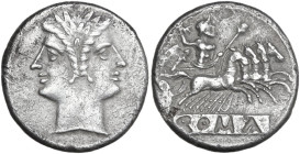 Anonymous. AR Quadrigatus (Didrachm), uncertain Sicilian mint, 217 BC. Obv. Laureate Janiform head of Dioscuri. Rev. Jupiter in quadriga right, driven...