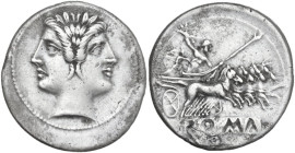 Anonymous. AR Quadrigatus (Didrachm), uncertain Sicilian mints, 218-217 BC. Obv. Laureate Janiform head of Dioscuri. Rev. Jupiter in quadriga right, d...