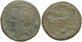 Anonymous semilibral series. AE Uncia, 217-215 BC. Obv. Helmeted head of Roma left; behind, pellet. Rev. Prow right; above, ROMA; below, pellet. Cr. 3...