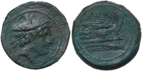 Anonymous semilibral series. AE Semuncia, 217-215 BC. Obv. Head of Mercury right, wearing winged petasus. Rev. Prow right; above, ROMA. Cr. 38/7. AE. ...