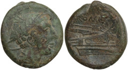 Anonymous semilibral series. AE Semuncia, c. 217-215 BC. Obv. Head of Mercury right, wearing winged petasus. Rev. Prow right; above, ROMA. Cr. 38/7. A...