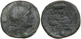 Corn-ear (first) series. AE Uncia. Sicily, 214-212 BC. Obv. Helmeted head of Roma right; behind, pellet. Rev. Prow right; above, corn-ear and ROMA; be...