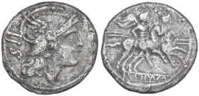 Anonymous. AR Sestertius, uncertain Campanian mint (Castra Claudiana?), 215 BC. Obv. Helmeted head of Roma right; behind, IIS. Rev. The Dioscuri gallo...