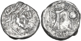 Anonymous. AR Victoriatus, uncertain Campanian mint, 215-211 BC. Obv. Laureate head of Jupiter right. Rev. Victory standing right, crowning trophy; in...