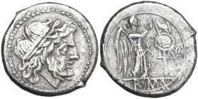 Anonymous. AR Victoriatus, uncertain Campanian mint, 215-211 BC. Obv. Laureate head of Jupiter right. Rev. Victory standing right, crowning trophy; in...