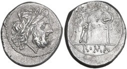 Anonymous. AR Victoriatus, uncertain Campanian mints, 215-211 BC. Obv. Laureate head of Jupiter right. Rev. Victory standing right, crowning trophy; i...