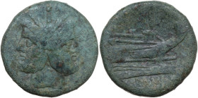 Anonymous Sextantal series. AE As, after 211 BC. Obv. Laureate head of Janus; above, I. Rev. Prow right; above, I; below, ROMA. Cr. 56/2. AE. 36.23 g....