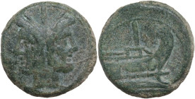 Anonymous Sextantal series. AE As, after 211 BC. Obv. Laureate head of Janus; above, I. Rev. Prow right; above, I; below, ROMA. Cr. 56/2. AE. 32.86 g....
