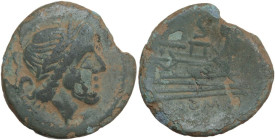 Anonymous sextantal series. AE Semis, after 211 BC. Obv. Laureate head of Saturn right; behind, S. Rev. Prow right; above, S; below, ROMA. Cr. 56/3. A...