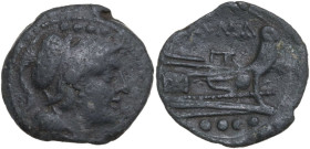 Anonymous sextantal series. AE Triens, after 211 BC. Obv. Helmeted head of Minerva right; above, four pellets. Rev. Prow right; below, four pellets. C...