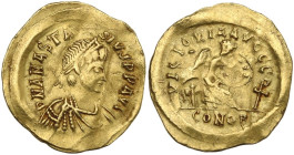 Anastasius I (491-518). AV Semissis, Constantinople mint, 507-518. Obv. Diademed, draped and cuirassed bust right. Rev. Victory seated right on shield...