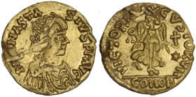 Anastasius I (491-518). AV Tremissis, Constantinople mint, 492-507. Obv. Diademed, draped and cuirassed bust right. Rev. Victory advancing right, head...