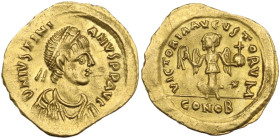 Justinian I (527-565). AV Tremissis, Constantinople mint. Obv. Diademed, draped and cuirassed bust right. Rev. Victory standing left, holding wreath a...