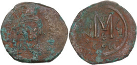 Maurice Tiberius (582-602). AE Follis, Costantinople mint, 2nd officina. Dated RY 6 (587/88). Obv. DN mAVRICI TIbER PP AVG. Crowned and cuirassed bust...