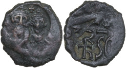 Heraclius, with Heraclius Constantine (610-641). AE Follis, Syracuse mint, 632-641. Obv. Busts of Heraclius and Heraclius Constantine facing, crowned ...