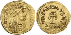 Constans II (641-668). AV Tremissis, Constantinople mint. Obv. Diademed, draped and cuirassed bust right. Rev. Cross potent. MIB 51; D.O. 45; Sear 984...
