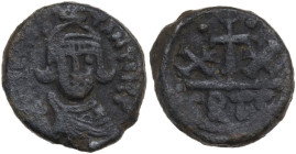 Constans II (641-668). AE Half follis, Carthage mint, 647-652. Obv. Crowned and draped bust facing, holding globus cruciger. Rev. Cross flanked by X -...