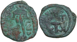 Constans II (641-668). AE Half Follis, Carthage mint. Obv. Bust facing, wearing consular robes and crown with trefoil ornament, holding mappa and glob...