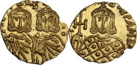 Constantine V Copronymus with Leo IV (741-775). AV Solidus, Syracuse mint. Obv. CONTAN LЄO Facing busts of Constantine V and Leo IV, each wearing crow...