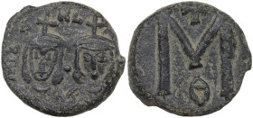 Michael II the Amorian, with Theophilus (820-829). AE Follis, Syracuse mint. Obv. Crowned busts of Michael, draped, and Theophilus, wearing loros. Rev...