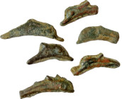 Skythia, Olbia. Multiple lot of six (6) AE dolphin shaped proto-money. 5th century BC. About VF.