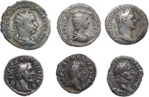 The Roman Empire. Multiple lot of six (6) unclassified AR denominations; including: one (1) Antoninian of Gordian III and five (5) denarii of Plautill...