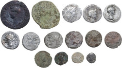 Miscellanea. Multiple lot of fifteen (15) silver, bronze and lead silver coins and a tessera, including: four debased quadrigati, four republican dena...