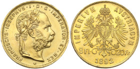 Austria. Franz Joseph (1848-1916). AV 8 Florins or 20 Francs 1892. Restrike. KM 2269; Fried. 502R. AV. 6.46 g. 21.00 mm. AU/MS.