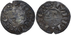 France. Geoffrey II (1120-1180). BI Denier, Provincial coinage, Gien (County of Donzy), Angers mint. BI. 0.97 g. 19.50 mm. About VF.
