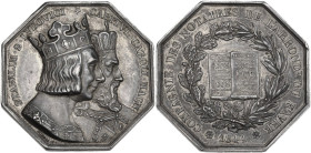 France. AR Octagonal Medal, Le Havre, 1844. Obv. Crowned busts of Louis IX and Charlemagne right. Rev. Scrolls of law texts from 804 and 1270 within a...