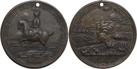 Germany. Friedrich II. AE Medal, 1757, for the battles of Lissa and Rossbach. Obv. Friedrich II on horseback left. Rev. Scene of battle. AE. 34.25 g. ...