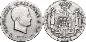 Italy. Napoleone Bonaparte (1805-1814). 5 lire 1810 B, Bologna mint. Pag. (Regno) 49; Mont. 78. AR. 24.71 g. 35.00 mm. About VF.