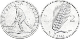 Italy. Republic. 2 lire 1946. Mont. 3. IT. 24.10 mm. R. Tiny nick at 12 on obverse. About EF.