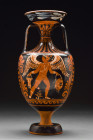 Magna Graecia, ca. 4th century BC.
Elaborately decorated red figure pottery amphora having a wide mouth with a funnel type rim, applied opposing strap...