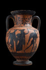 Ca. 500 BC.
A lovely, black-figure pottery amphora of a classic form, with a bulbous body upon a raised, round foot, a flared rim at the top, and grac...