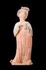Ca. 618-907 AD.
A ceramic figure known as the 'Fat Lady.' Crafted with meticulous attention to detail, this figure stands with a graceful pose, her c...