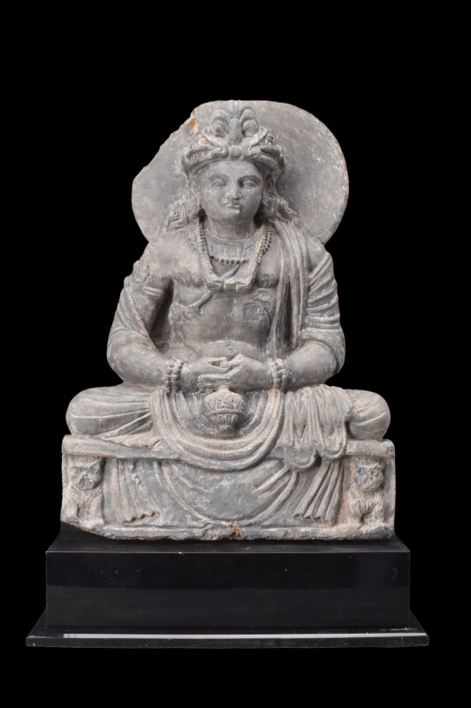 Ca. 200-300 AD.
This magnificent sculpture, skillfully carved from a schist, rep...