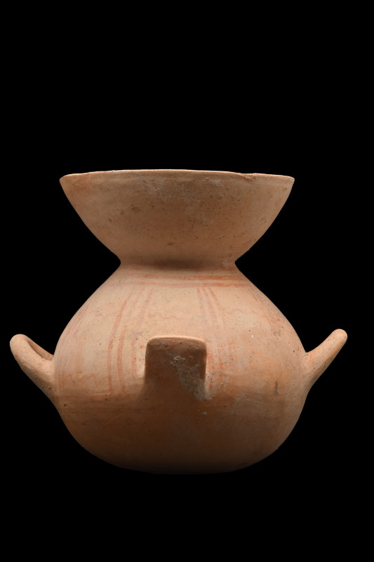 Ca. 500-400 BC.
A pottery krater features a rounded body with a broad funnel-sha...