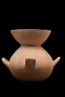 Ca. 500-400 BC.
A pottery krater features a rounded body with a broad funnel-shaped neck, exuding a graceful aesthetic. Notably, loop handles are posi...