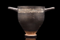 Ca. 350 BC.
A pottery skyphos featuring deep, curved sides that create a generous and elegant cup shape, resting on a sturdy ring foot. The vessel is ...
