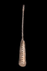 Ca. 100-300 AD.
A silver spoon features an elongated bowl that gently flares towards the outer edge, exhibiting a refined and aesthetically pleasing f...